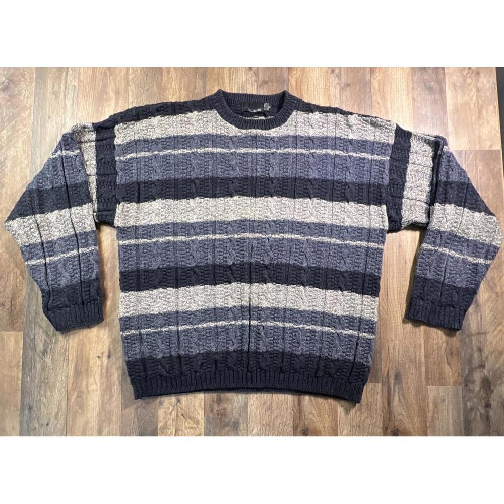 Bill Blass 3D Fisherman Sweater Cable Knit Vintage Gray Blue XL USA Made Boxy.